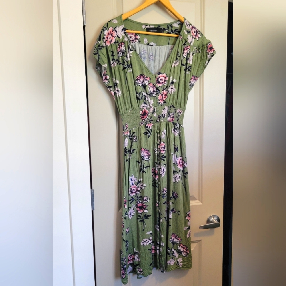 MINKPINK Pink and Green Midi Dress